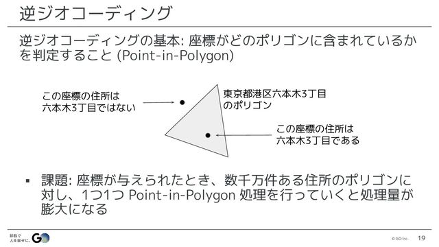 © GO Inc. 19
逆ジオコーディング
逆ジオコーディングの基本: 座標がどのポリゴンに含まれているか
を判定すること (Point-in-Polygon)
▪ 課題: 座標が与えられたとき、数千万件ある住所のポリゴンに
対し、1つ1つ Point-in-Polygon 処理を行っていくと処理量が
膨大になる
東京都港区六本木3丁目
のポリゴン
この座標の住所は
六本木3丁目である
この座標の住所は
六本木3丁目ではない
