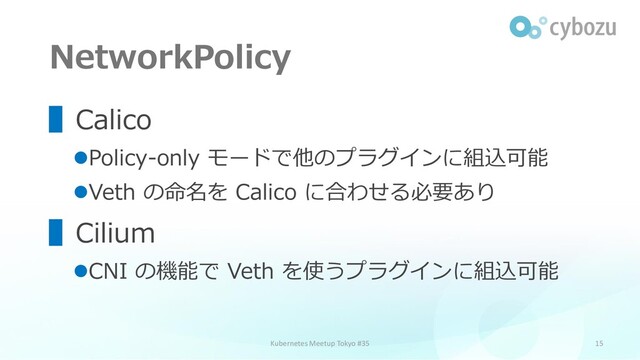 NetworkPolicy
15
▌Calico
⚫Policy-only モードで他のプラグインに組込可能
⚫Veth の命名を Calico に合わせる必要あり
▌Cilium
⚫CNI の機能で Veth を使うプラグインに組込可能
Kubernetes Meetup Tokyo #35
