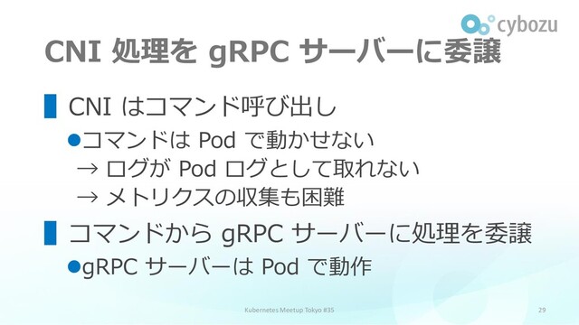 CNI 処理を gRPC サーバーに委譲
29
▌CNI はコマンド呼び出し
⚫コマンドは Pod で動かせない
→ ログが Pod ログとして取れない
→ メトリクスの収集も困難
▌コマンドから gRPC サーバーに処理を委譲
⚫gRPC サーバーは Pod で動作
Kubernetes Meetup Tokyo #35
