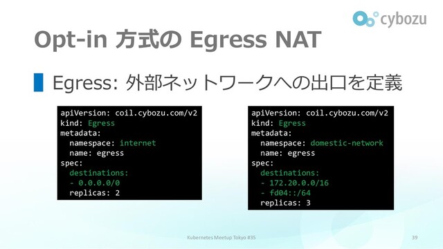 Opt-in 方式の Egress NAT
39
▌Egress: 外部ネットワークへの出口を定義
Kubernetes Meetup Tokyo #35
apiVersion: coil.cybozu.com/v2
kind: Egress
metadata:
namespace: internet
name: egress
spec:
destinations:
- 0.0.0.0/0
replicas: 2
apiVersion: coil.cybozu.com/v2
kind: Egress
metadata:
namespace: domestic-network
name: egress
spec:
destinations:
- 172.20.0.0/16
- fd04::/64
replicas: 3
