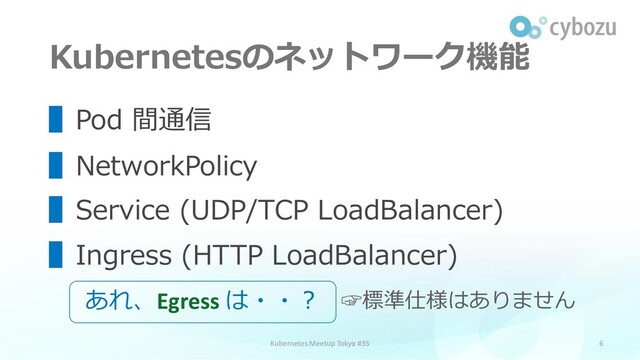 Kubernetesのネットワーク機能
6
▌Pod 間通信
▌NetworkPolicy
▌Service (UDP/TCP LoadBalancer)
▌Ingress (HTTP LoadBalancer)
Kubernetes Meetup Tokyo #35
あれ、Egress は・・？ ☞標準仕様はありません
