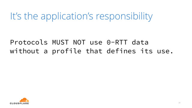 It’s the application’s responsibility
31
Protocols MUST NOT use 0-RTT data
without a profile that defines its use.
