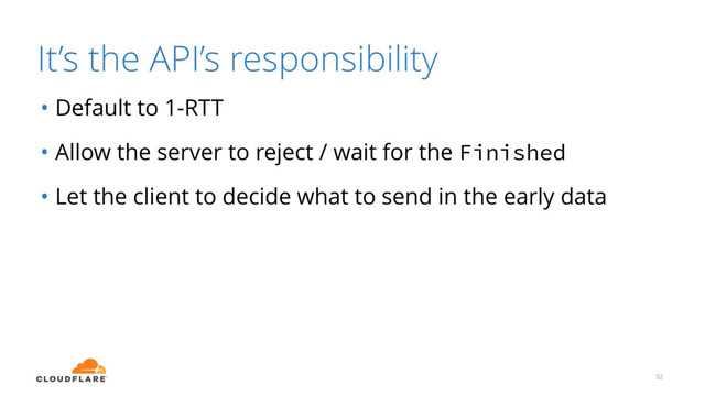It’s the API’s responsibility
32
• Default to 1-RTT
• Allow the server to reject / wait for the Finished
• Let the client to decide what to send in the early data
