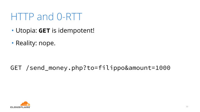 HTTP and 0-RTT
33
• Utopia: GET is idempotent!
• Reality: nope.
GET /send_money.php?to=filippo&amount=1000
