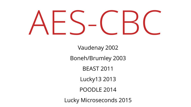 AES-CBC
Vaudenay 2002
Boneh/Brumley 2003
BEAST 2011
Lucky13 2013
POODLE 2014
Lucky Microseconds 2015
