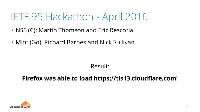 IETF 95 Hackathon - April 2016
• NSS (C): Martin Thomson and Eric Rescorla
• Mint (Go): Richard Barnes and Nick Sullivan
Result:
Firefox was able to load https://tls13.cloudﬂare.com!
74
