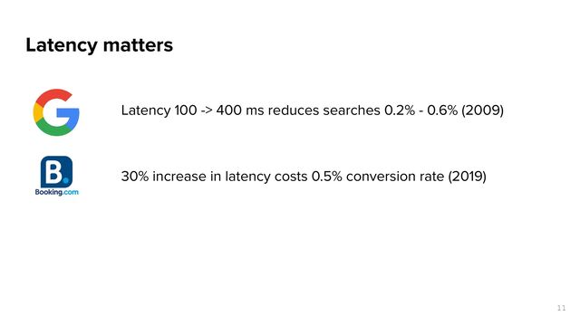 Latency matters
Latency 100 -> 400 ms reduces searches 0.2% - 0.6% (2009)
30% increase in latency costs 0.5% conversion rate (2019)
11
