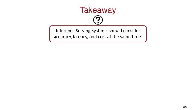 Takeaway
65
Inference Serving Systems should consider
accuracy, latency, and cost at the same time.
