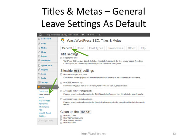Titles & Metas – General
Leave Settings As Default
http://wpslides.net 12
