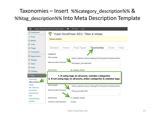Taxonomies – Insert %%category_description%% &
%%tag_description%% Into Meta Description Template
http://wpslides.net 15
