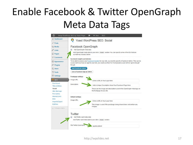 Enable Facebook & Twitter OpenGraph
Meta Data Tags
http://wpslides.net 17
