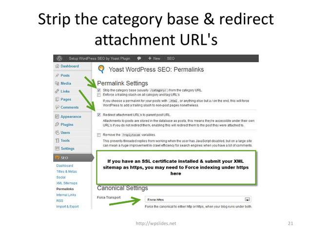 Strip the category base & redirect
attachment URL's
http://wpslides.net 21
