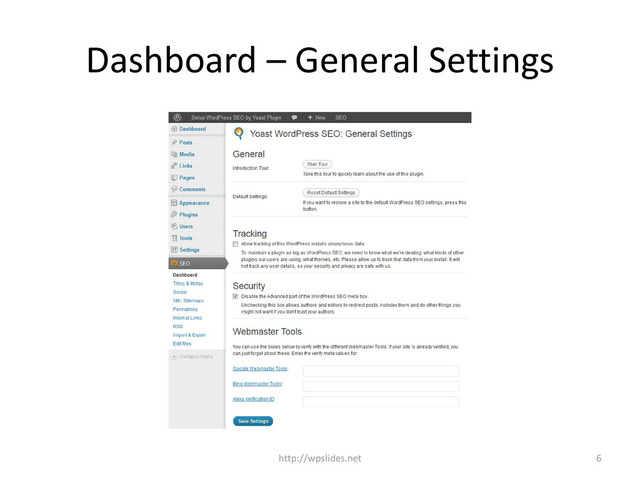 Dashboard – General Settings
http://wpslides.net 6
