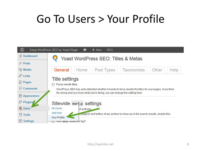 Go To Users > Your Profile
http://wpslides.net 8
