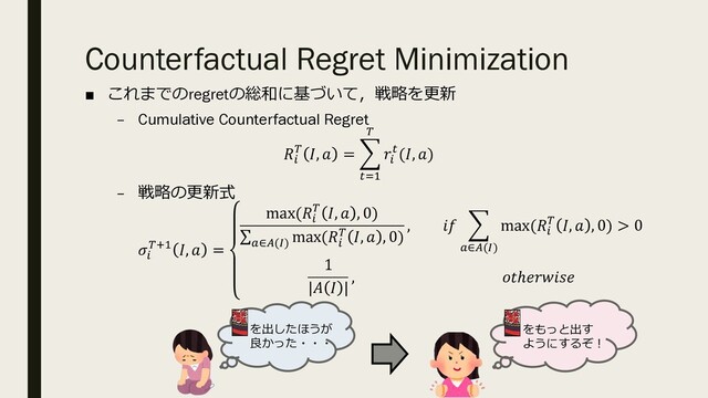 Counterfactual Regret Minimization
■ これまでのregretの総和に基づいて，戦略を更新
– Cumulative Counterfactual Regret
!
. ,  = 5
*/0
.
!
*(, )
– 戦略の更新式
!
.10 ,  =
max(!
. ,  , 0)
∑
-∈2(+)
max(!
. ,  , 0)
,  5
-∈2(+)
max(!
. ,  , 0) > 0
1
|  |
, ℎ
をもっと出す
ようにするぞ︕
を出したほうが
良かった・・・
