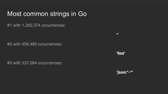 #1 with 1,260,374 occurrences:
''
#2 with 456,480 occurrences:
'fmt'
#3 with 337,064 occurrences:
'json:"-"'
Most common strings in Go
