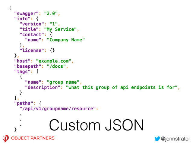 Custom JSON
{ 
"swagger": "2.0", 
"info": { 
"version": "1", 
"title": "My Service", 
"contact": { 
"name": "Company Name" 
}, 
"license": {} 
}, 
"host": "example.com", 
"basepath": "/docs", 
"tags": [ 
{ 
"name": "group name", 
"description": "what this group of api endpoints is for", 
} 
], 
"paths": { 
"/api/v1/groupname/resource": 
. 
. 
. 
}
