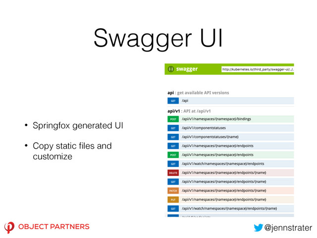 Swagger UI
• Springfox generated UI
• Copy static ﬁles and
customize
