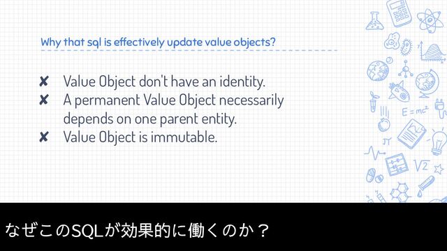 Why that sql is effectively update value objects?
✘ Value Object don't have an identity.
✘ A permanent Value Object necessarily
depends on one parent entity.
✘ Value Object is immutable.
17
なぜこのSQLが効果的に働くのか？
