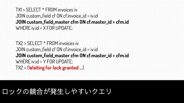 20
ロックの競合が発生しやすいクエリ
TX1 > SELECT * FROM invoices iv
JOIN custom_ﬁeld cf ON cf.invoice_id = iv.id
JOIN custom_ﬁeld_master cfm ON cf.master_id = cfm.id
WHERE iv.id = X FOR UPDATE;
TX2 > SELECT * FROM invoices iv
JOIN custom_ﬁeld cf ON cf.invoice_id = iv.id
JOIN custom_ﬁeld_master cfm ON cf.master_id = cfm.id
WHERE iv.id = Y FOR UPDATE;
TX2 > (Waiting for lock granted …)
