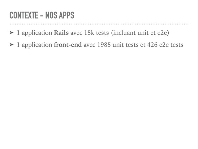 CONTEXTE - NOS APPS
➤ 1 application Rails avec 15k tests (incluant unit et e2e)
➤ 1 application front-end avec 1985 unit tests et 426 e2e tests
