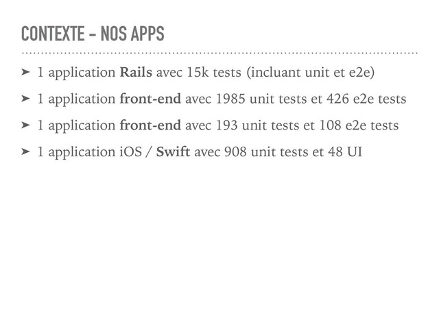 CONTEXTE - NOS APPS
➤ 1 application Rails avec 15k tests (incluant unit et e2e)
➤ 1 application front-end avec 1985 unit tests et 426 e2e tests
➤ 1 application front-end avec 193 unit tests et 108 e2e tests
➤ 1 application iOS / Swift avec 908 unit tests et 48 UI
