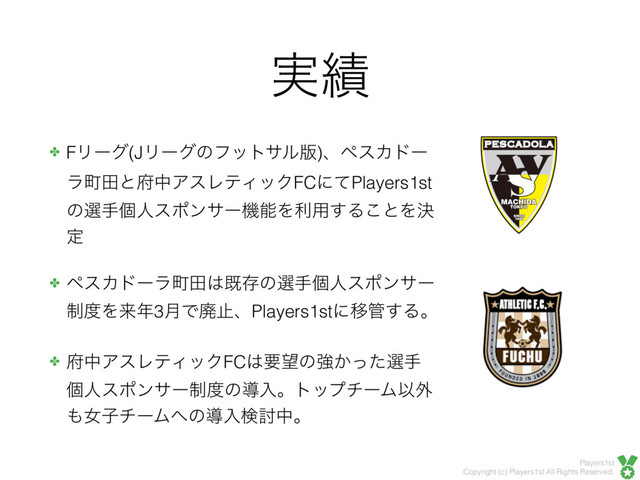 Players1st
Copyright (c) Players1st All Rights Reserved.
࣮੷
✤ FϦʔά(JϦʔάͷϑοταϧ൛)ɺϖεΧυʔ
ϥொాͱ෎தΞεϨςΟοΫFCʹͯPlayers1st
ͷબखݸਓεϙϯαʔػೳΛར༻͢Δ͜ͱΛܾ
ఆ
✤ ϖεΧυʔϥொా͸طଘͷબखݸਓεϙϯαʔ
੍౓Λདྷ೥3݄ͰഇࢭɺPlayers1stʹҠ؅͢Δɻ
✤ ෎தΞεϨςΟοΫFC͸ཁ๬ͷڧ͔ͬͨબख
ݸਓεϙϯαʔ੍౓ͷಋೖɻτοϓνʔϜҎ֎
΋ঁࢠνʔϜ΁ͷಋೖݕ౼தɻ
