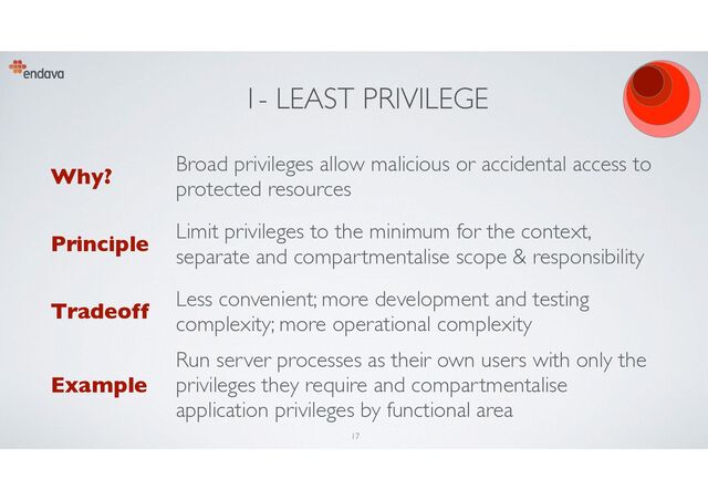 1- LEAST PRIVILEGE
Why?
Broad privileges allow malicious or accidental access to
protected resources
Principle
Limit privileges to the minimum for the context,
separate and compartmentalise scope & responsibility
Tradeoff
Less convenient; more development and testing
complexity; more operational complexity
Example
Run server processes as their own users with only the
privileges they require and compartmentalise
application privileges by functional area
17

