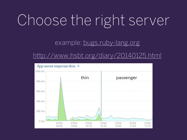 Choose the right server
example: bugs.ruby-lang.org
http://www.hsbt.org/diary/20140125.html
thin passenger

