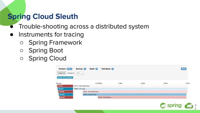 Spring Cloud Sleuth
● Trouble-shooting across a distributed system
● Instruments for tracing
○ Spring Framework
○ Spring Boot
○ Spring Cloud
2
2
