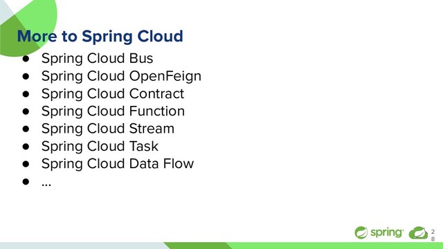 More to Spring Cloud
● Spring Cloud Bus
● Spring Cloud OpenFeign
● Spring Cloud Contract
● Spring Cloud Function
● Spring Cloud Stream
● Spring Cloud Task
● Spring Cloud Data Flow
● ...
2
8
