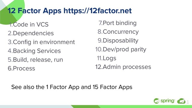 12 Factor Apps https://12factor.net
1.Code in VCS
2.Dependencies
3.Conﬁg in environment
4.Backing Services
5.Build, release, run
6.Process
6
￼
7.Port binding
8.Concurrency
9.Disposability
10.Dev/prod parity
11.Logs
12.Admin processes
See also the 1 Factor App and 15 Factor Apps
