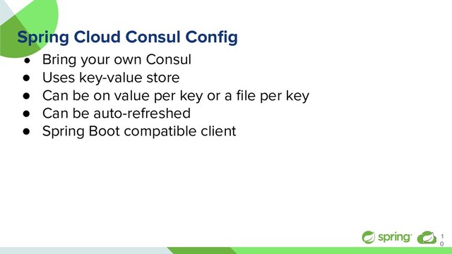 Spring Cloud Consul Conﬁg
● Bring your own Consul
● Uses key-value store
● Can be on value per key or a ﬁle per key
● Can be auto-refreshed
● Spring Boot compatible client
1
0
