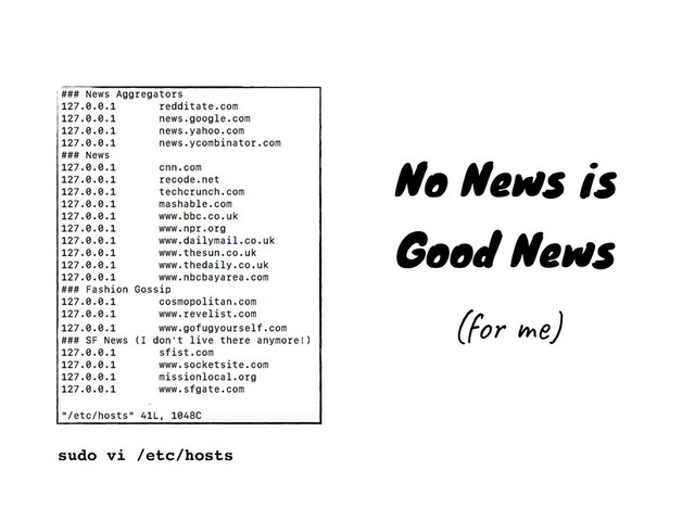 No News is
Good News
(for me)
sudo vi /etc/hosts
