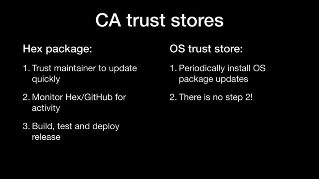 OS trust store:
1. Periodically install OS
package updates

2. There is no step 2!
CA trust stores
Hex package:
1. Trust maintainer to update
quickly

2. Monitor Hex/GitHub for
activity

3. Build, test and deploy
release
