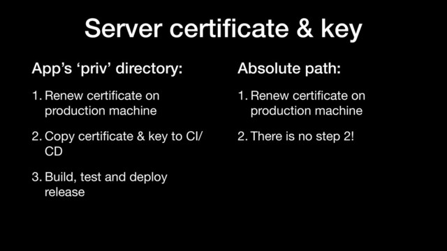 Absolute path:
1. Renew certiﬁcate on
production machine 

2. There is no step 2!
Server certiﬁcate & key
App’s ‘priv’ directory:
1. Renew certiﬁcate on
production machine

2. Copy certiﬁcate & key to CI/
CD

3. Build, test and deploy
release
