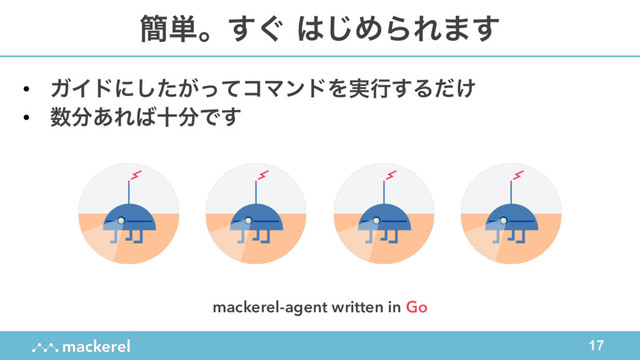 17
؆୯ɻ͙͢ ͸͡ΊΒΕ·͢
• ΨΠυʹ͕ͨͬͯ͠ίϚϯυΛ࣮ߦ͢Δ͚ͩ
• ਺෼͋Ε͹े෼Ͱ͢
mackerel-agent written in Go
