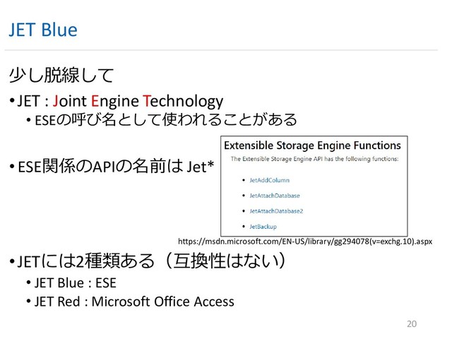 JET Blue
少し脱線して
•JET : Joint Engine Technology
• ESEの呼び名として使われることがある
• ESE関係のAPIの名前は Jet*
•JETには2種類ある（互換性はない）
• JET Blue : ESE
• JET Red : Microsoft Office Access
20
https://msdn.microsoft.com/EN-US/library/gg294078(v=exchg.10).aspx
