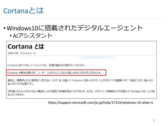 Cortanaとは
•Windows10に搭載されたデジタルエージェント
• AIアシスタント
4
https://support.microsoft.com/ja-jp/help/17214/windows-10-what-is
