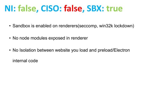 • Sandbox is enabled on renderers(seccomp, win32k lockdown)
• No node modules exposed in renderer
• No Isolation between website you load and preload/Electron
internal code
NI: false, CISO: false, SBX: true
