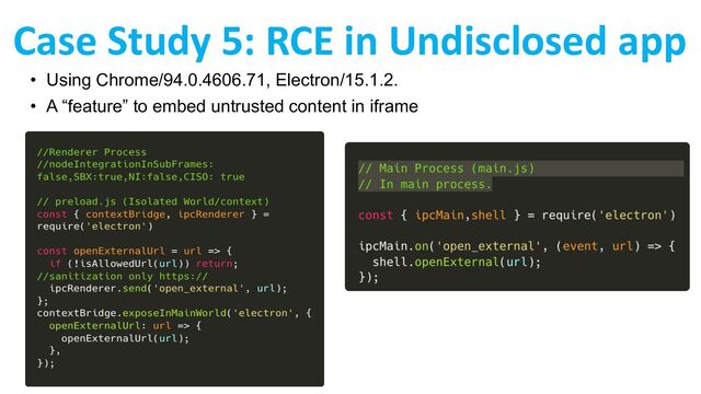 • Using Chrome/94.0.4606.71, Electron/15.1.2.
• A “feature” to embed untrusted content in iframe
Case Study 5: RCE in Undisclosed app
