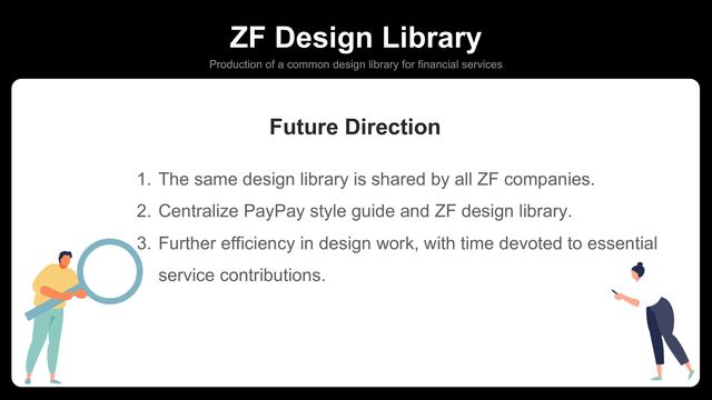 ZF Design Library
Production of a common design library for financial services
1. The same design library is shared by all ZF companies.
2. Centralize PayPay style guide and ZF design library.
3. Further efficiency in design work, with time devoted to essential
service contributions.
Future Direction
