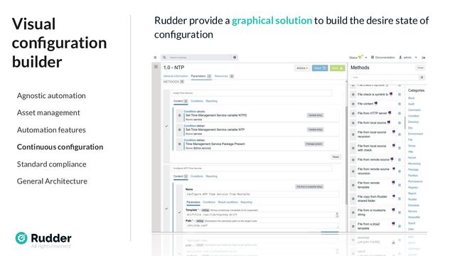 All rights reserved
Rudder provide a graphical solution to build the desire state of
conﬁguration
Visual
conﬁguration
builder
Agnostic automation
Asset management
Automation features
Continuous conﬁguration
Standard compliance
General Architecture
