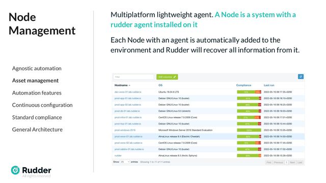 All rights reserved
Node
Management
Multiplatform lightweight agent. A Node is a system with a
rudder agent installed on it
Each Node with an agent is automatically added to the
environment and Rudder will recover all information from it.
Agnostic automation
Asset management
Automation features
Continuous conﬁguration
Standard compliance
General Architecture
