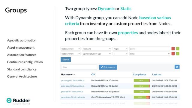 All rights reserved
Groups Two group types: Dynamic or Static.
With Dynamic group, you can add Node based on various
criteria from inventory or custom properties from Nodes.
Each group can have its own properties and nodes inherit their
properties from the groups.
Agnostic automation
Asset management
Automation features
Continuous conﬁguration
Standard compliance
General Architecture
