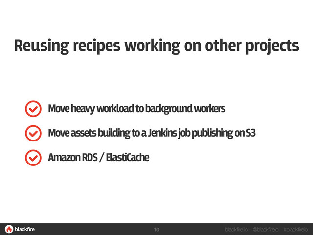 blackfire.io @blackfireio #blackfireio
Move heavy workload to background workers
Move assets building to a Jenkins job publishing on S3
Amazon RDS / ElastiCache
Reusing recipes working on other projects
10
