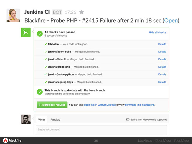 blackfire.io @blackfireio #blackfireio
We believe short time to feedback is essential to make a tool
actually useful to developers.
At first, only a single do-everything Jenkins build for PR
To decrease time to feedback we split it
Which also allows to have the tests running for the whole stack
whilst it would have previously stop at first fail.
Reducing time to feedback
36
