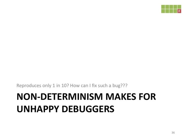 NON-DETERMINISM MAKES FOR
UNHAPPY DEBUGGERS
Reproduces only 1 in 10? How can I ﬁx such a bug???
36
F
