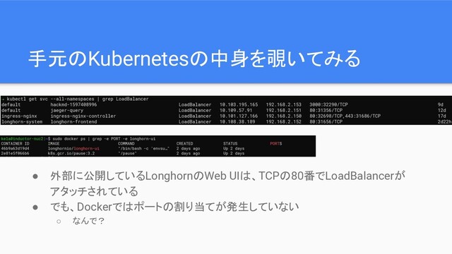 手元のKubernetesの中身を覗いてみる
● 外部に公開しているLonghornのWeb UIは、TCPの80番でLoadBalancerが
アタッチされている
● でも、Dockerではポートの割り当てが発生していない
○ なんで？
